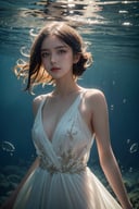 (masterpiece:1.2), best quality,(HDR:1.4),High detail RAW color photo professional, highly detail face: 1.4, a detailed portrait of a woman floating underwater wearing long flowing dress, nymph style, amazing underwater, detailed skin, wet clothes, wet hair, see-through clothes, lens flare, shade, tindal effect, lens flare, backlighting, bokeh
