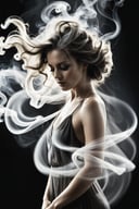 (chalkdust:1.2) Realistic photograph of a woman, face obscured by a curtain of smoke forming her hair, dark background, (smoke tendrils:1.3) curling and twisting in slow, (dancing:1.2) motions, (stark contrast:1.1) between the woman's form and the darkness, (monochrome:1.2) (high contrast:1.1) (fine detail:1.3) (high resolution:1.2)
