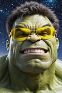 (yellow-glasses:1.2),a photo of a (( very blurry hulk)) in sunglasses,grin,starry night,
