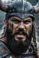 A close-up shot of a fierce Viking King, covered in dripping wet black mud, wearing a dark metal helmet with imposing black horns. His dark warpaint and scruffy black beard emphasize his angry expression, while a scar on his face tells a story of battles fought. The scene is bathed in cinematic lighting with dramatic volumetric rays, creating a moody and intense atmosphere. The Viking King grips his menacing Viking Axe
