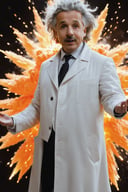 a upper body shot photo of 1man surrounded by orange explode, Einstein, white coat, silhouette, cutout, open arms, nuclear explosion, blurry background ,perfect
