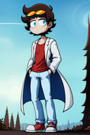 best quality,  1boy, adult, (solo,  alone),  male,  short hair,  brown hair,  goggle_on_head,  yellow goggles,  big eyes,  blue eyes,  flat_gaze,  open eyes,  closed mouth,  :<,  collarbone,  (white labcoat,  white coat),  red shirt,  blue_jeans,  red sneakers,  (standing),  hands_in_pockets,  looking_at_viewer,  outdoors,  dessert,  dry ground,  sunny day,  sunlight,  full_body,  (from below,  low angle),  cinematic lighting,  natural lighting, SpoopyStories,SpoopyStories