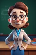 (a cute cartoon teacher on a 3D background with dynamic lighting, vibrant colors, and HDR effects)