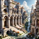 (Baroque painting), busy white marble fantasy city hewn from marble divided into many levels and towers, dwarves, animals, isometric 3d art of floating streets, cobblestone, flowers, (waterfall:1.2), greg rutkowski