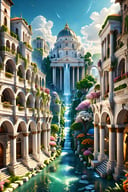(Baroque painting), busy white marble fantasy city hewn from marble divided into many levels and towers, dwarves, animals, isometric 3d art of floating streets, cobblestone, flowers, (waterfall:1.2), greg rutkowski, beautiful colours, sharp textures, nikolay georgiev, alex ross, bruce pennington, donato giancola, larry elmore, masterpiece, oils on canvas, trending on artstation, featured on pixiv, cinematic composition, sharp, details, hyper - detailed, hd, hdr, 4 k, 8 k,Renaissance Sci-Fi Fantasy,DonMC3l3st14l3xpl0r3rsXL,more detail XL,High Renaissance,Sci-Fi