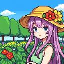 anime girl wearing a floral headwear, garden background, blue sky