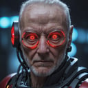 closeup picture of an old cyberpunk man red glowing robot eyes, high quality photography, 3 point lighting, flash with softbox, 4k, Canon EOS R3, hdr, smooth, sharp focus, high resolution, award winning photo, 80mm, f2.8, bokeh