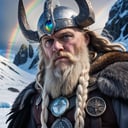 Epic Closeup photo of Odin in an ice landscape, an rainbow is in the background 