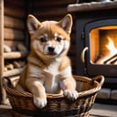 closeup of  a cute shiba inu puppy is sitting in an basket in an mountain hut near the warm stove. shallow depth of field, vignette, highly detailed, high budget, bokeh, cinemascope, moody, epic, gorgeous, film grain, grainy, high quality photography, 3 point lighting, flash with softbox, 4k, Canon EOS R3, hdr, smooth, sharp focus, high resolution, award winning photo, 80mm, f2.8, bokeh