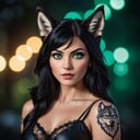 cinematic photo cinematic photo closeup face portrait of a black haired women with wolf ears , deep green eyes, tatoo on her right jaw , epic background . 35mm photograph, film, bokeh, professional, 4k, highly detailed, high quality photography, 3 point lighting, flash with softbox, 4k, Canon EOS R3, hdr, smooth, sharp focus, high resolution, award winning photo, 80mm, f2.8, bokeh . 35mm photograph, film, bokeh, professional, 4k, highly detailed