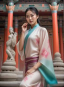 A Photograph of a young chinese woman in a realistic professional photoshoot, silk cloths, Capture her graceful beauty as she poses amidst a vibrant temple backdrop,  <lora:afro_enhanced_fp16:0.1>