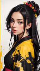 masterpiece,best quality,1 girl,kimono,(lycoris flower) in hair,highly detailed,high definition,hair intakes,(yellow ink and paint splatter),(marroon ink and paint splatter),(black ink, black paint splatter),watercolor,vibrant colors,octans,