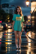 (full body shot) 22 year old woman,(getting rained on),(standing in the rain),long golden brown hair,green eyes,((wearing an oversized shirt, socks with high--tops)),(best quality, masterpiece:1.2),(photo-realistic),cute,cityscape,night,lots of rain,wet,