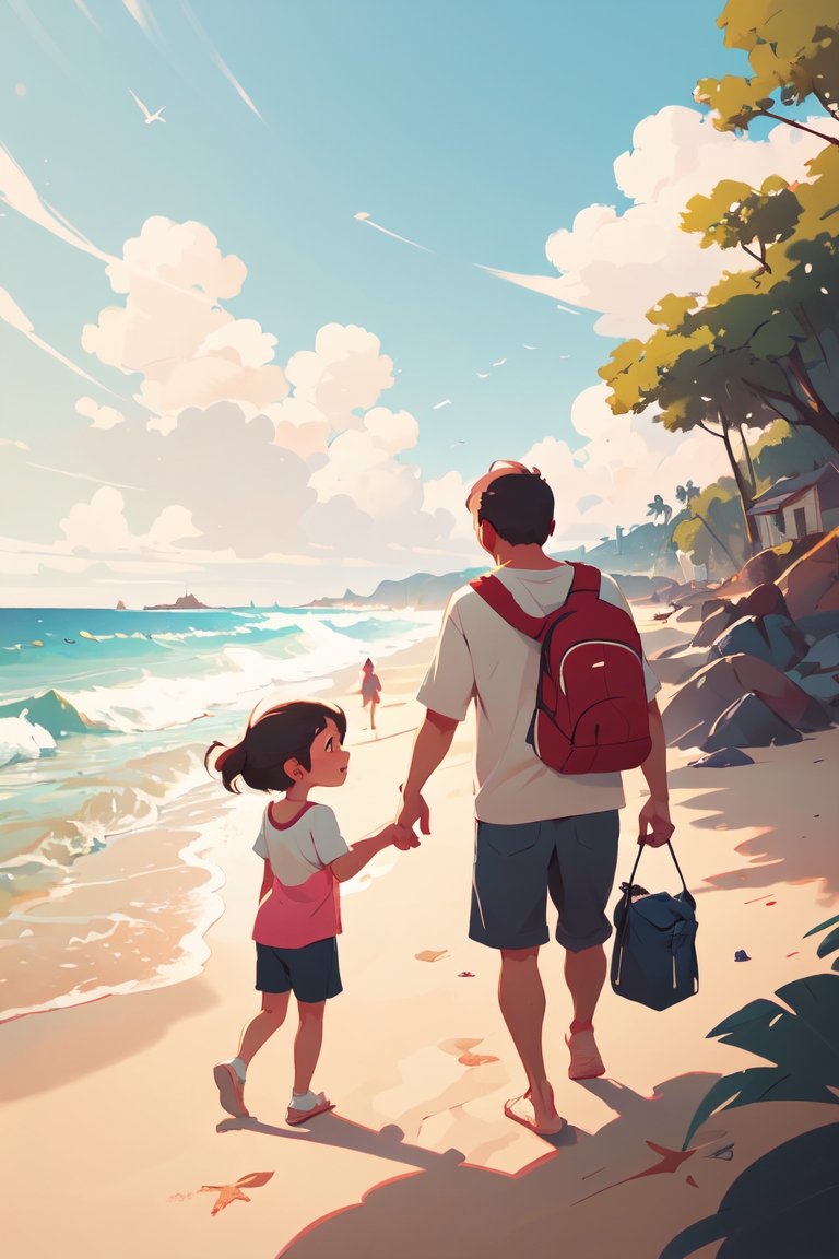 illustration of a dad an his girl playing on the beach,art by Atey Ghailan,,masterpiece,
