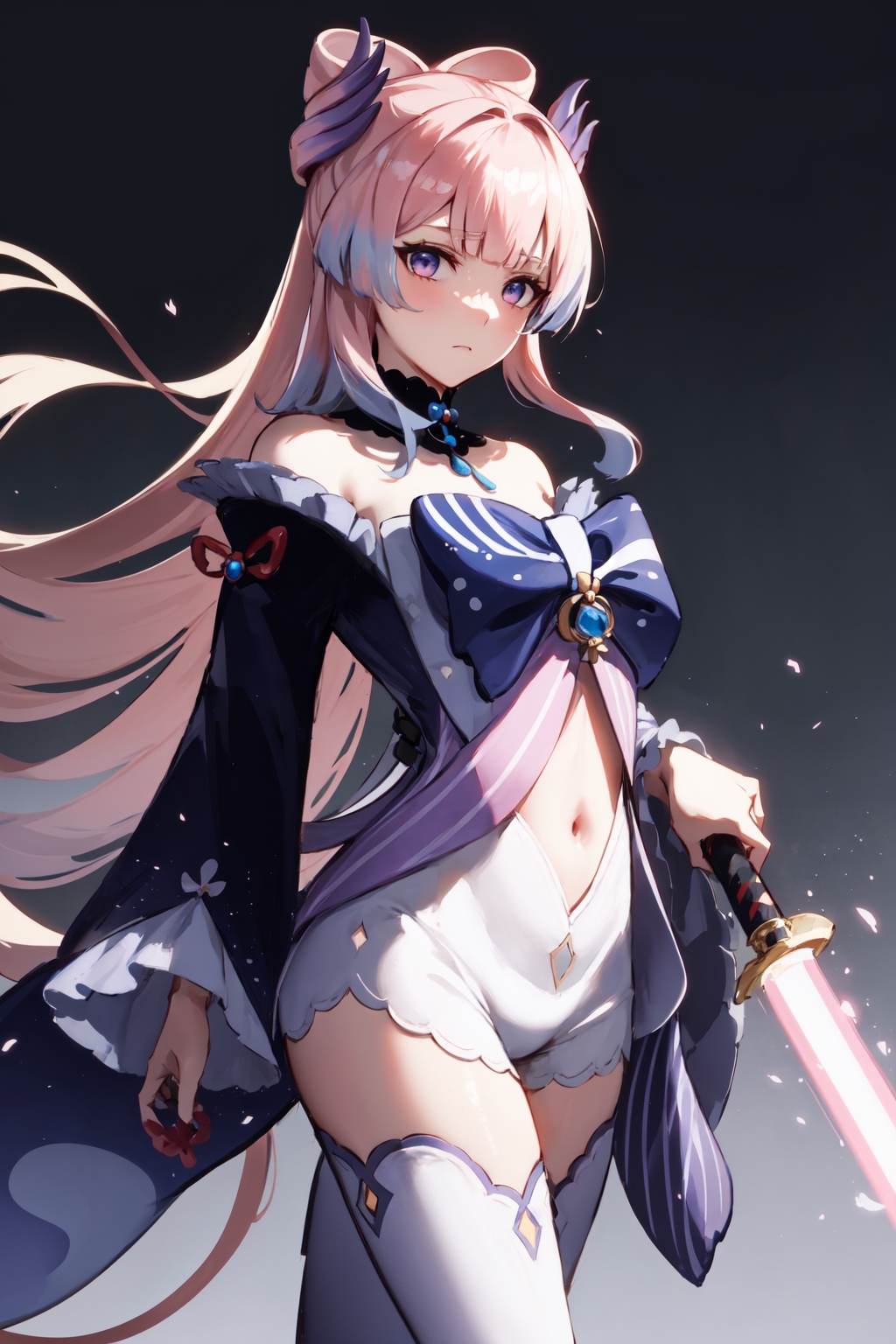 kokomidef, long hair, standing, facing viewer, holding pink lightsaber, calm expression, combat pose, masterpiece, best quality, highly detailed, trending