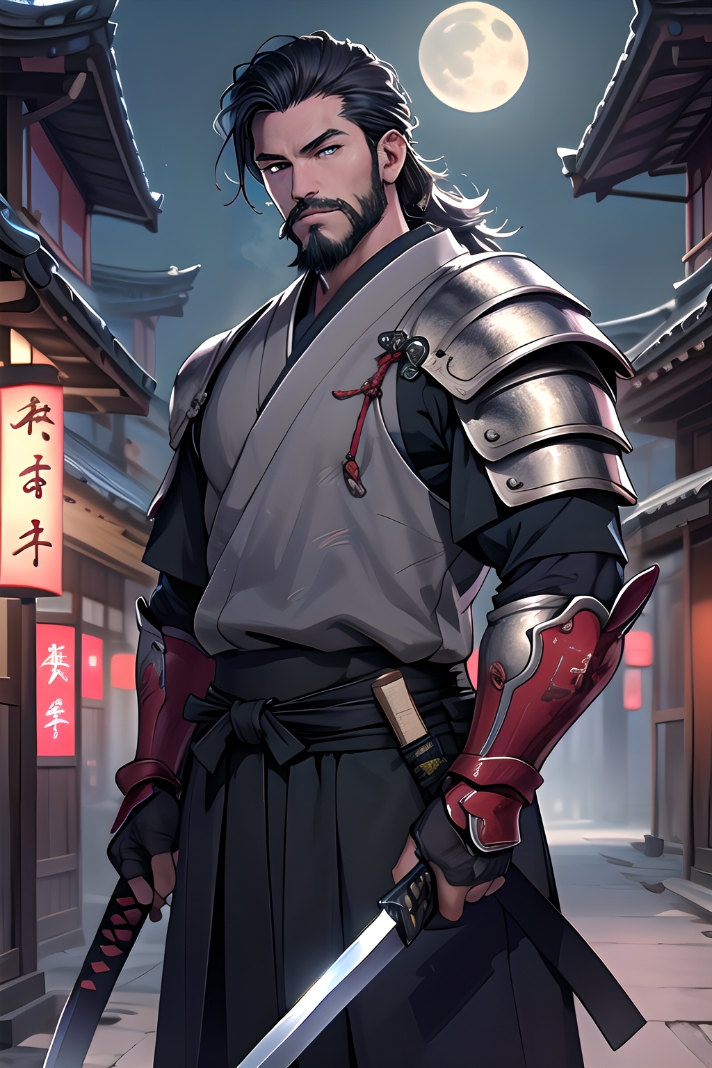 1man,masterpiece,best quality,detailed background,solo,muscular male,cowboy shot,east asian architecture,full moon,japanese armor,holding katana,looking at viewer,beard,detailed eyes,beautiful eyes,standing,depth of field,