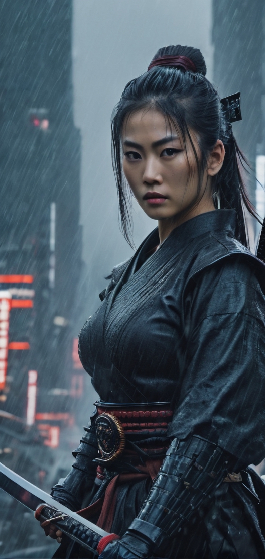Create a last samurai woman in age of technology, Last battle,,holding katana, background of futuristic tokyo, dark rainy day, highly detailed.,Movie Still,oni style,DonMPl4sm4T3chXL ,DonMCyb3rN3cr0XL ,DonMWr41thXL ,Film Still