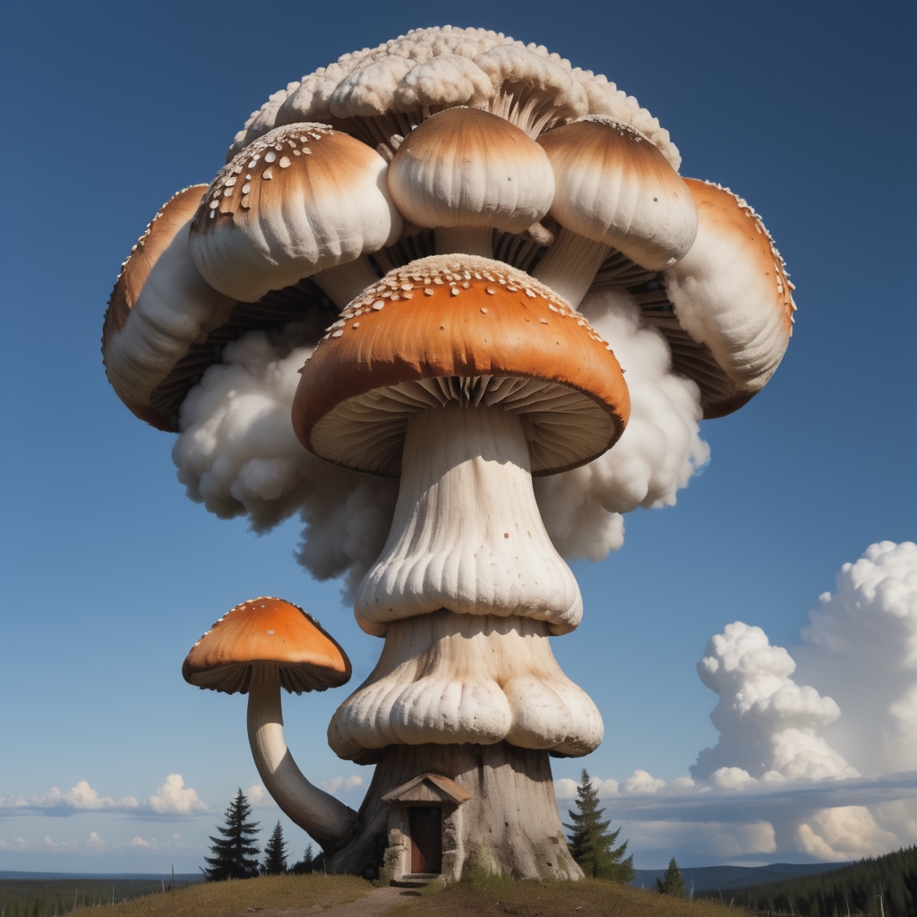 A mushroom cloud made out of real mushrooms 