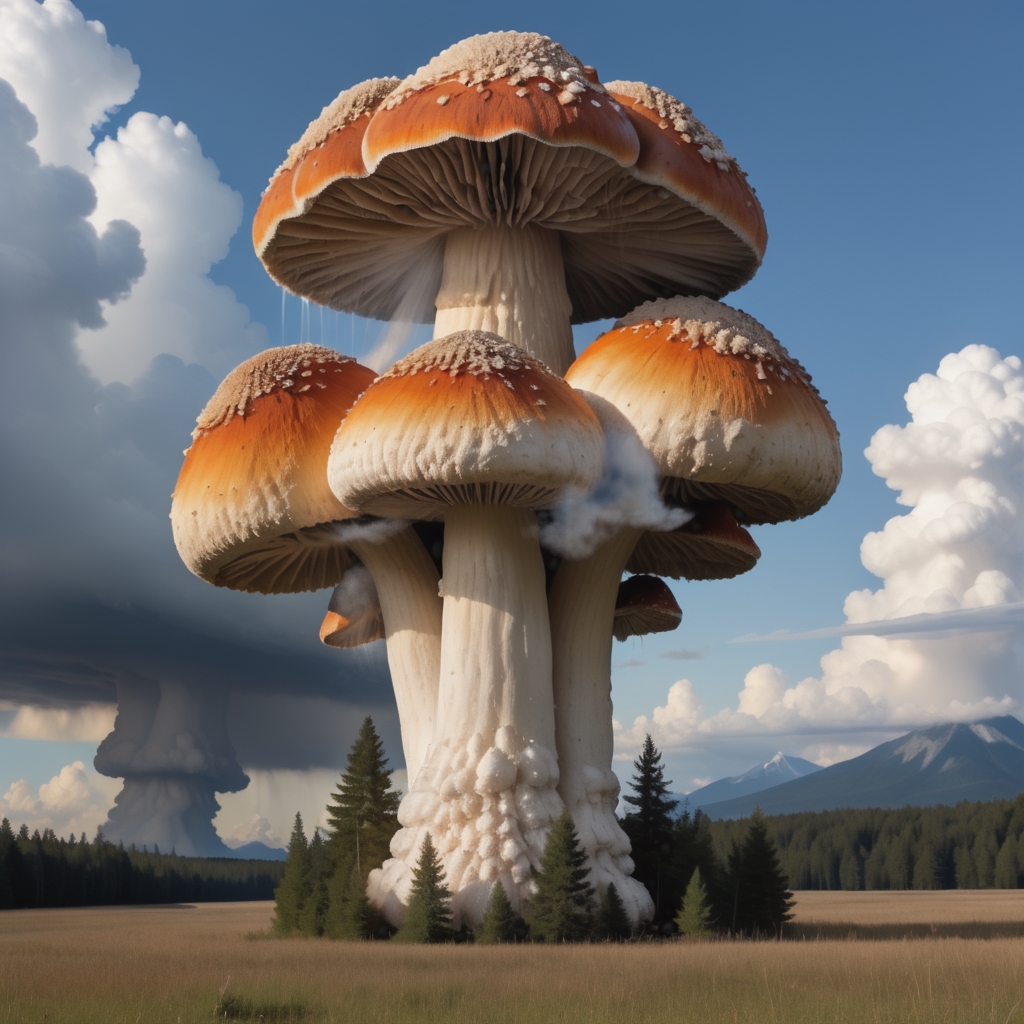 A mushroom cloud made out of real mushrooms 