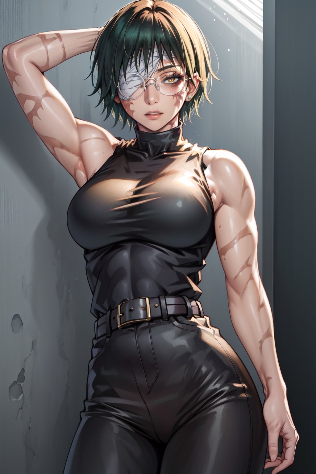 1girl muscular female muscular breasts solo scar short hair illustration  images