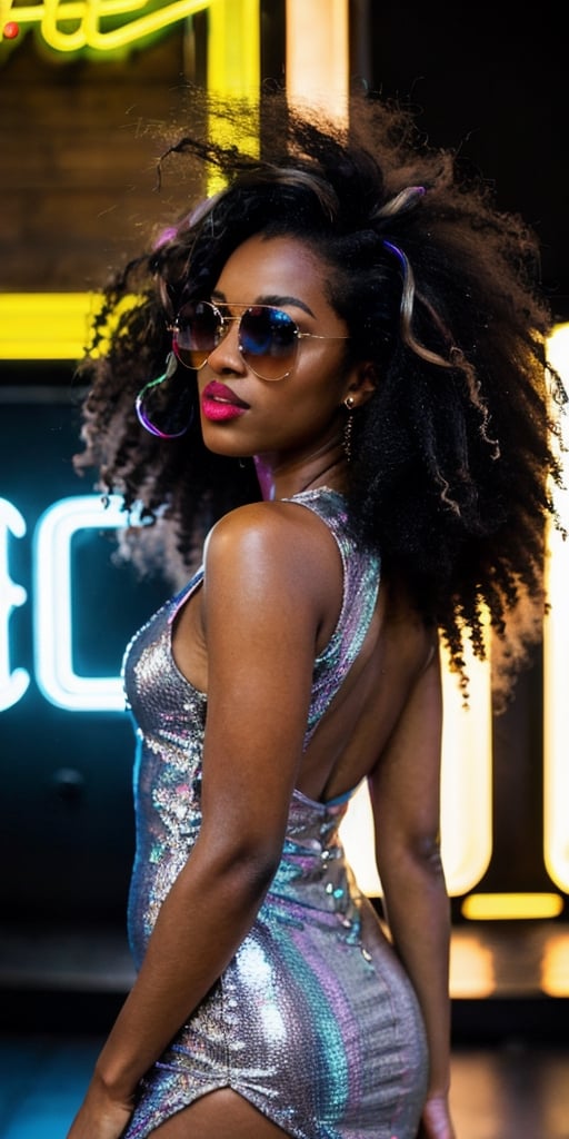 A group of disco girls in African American wigs and colorful