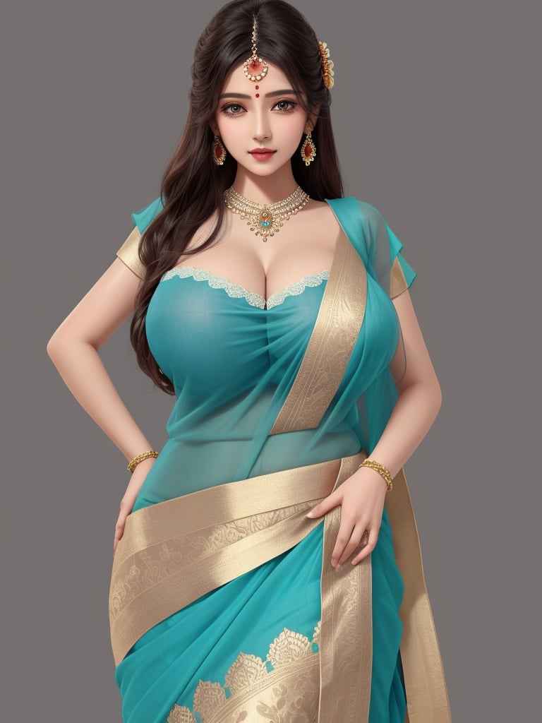 A beautiful big bust natural Indian girl in the deep v neck mesh blouse,  spaghetti strap, unhooked, sleeveless, in a awesome weather, leanin - AI  Generated Artwork - NightCafe Creator