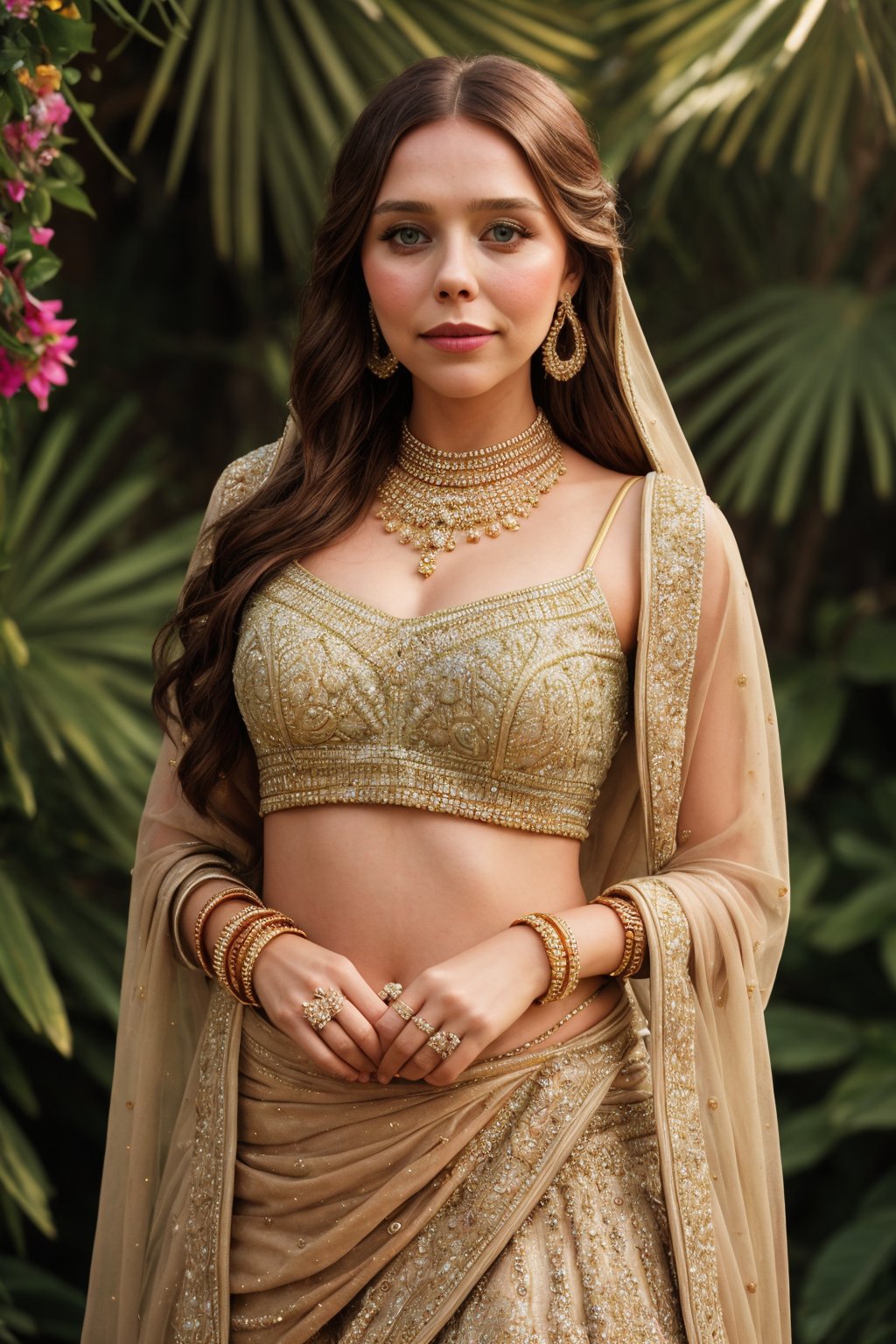 portrait of Elizabeth Olsen (star cast from marvel), full body picture,wearing a lehnga (golden), captivating dance performance at a indian wedding, dancing,hands on her waist, happy,wearing jewellery,wedding day,daytime,wedding, decorated garden (background),smiling,happy,very happy,laughing,photo by greg rutowski,rule of thirds, bright light,medium hair, detailed face, intricate background,
,realism,realistic,raw,analog,woman,portrait,photorealistic,analog,realism,soft lighting, vibrant colors,facial details,real picture, camera angle full body framing,full body shot,photorealism,