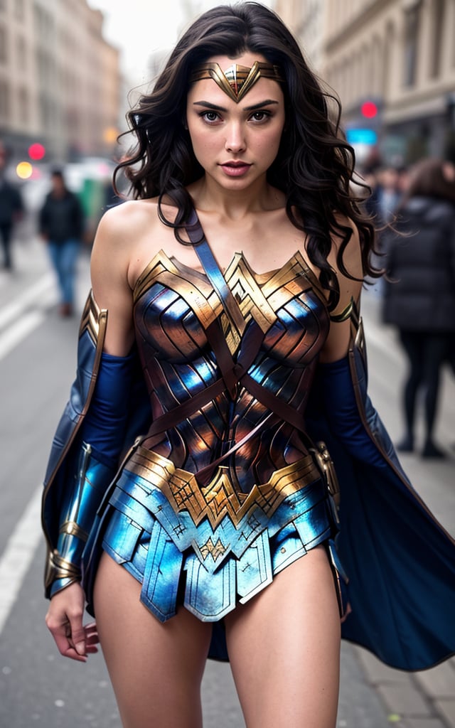 masterpiece, best quality, 8k, photo of beautiful (girl wonder woman clothe:1.2) Gal Gadot style, sexy body, toned muscles, (long messy iridescent hair:1.3), detailed skin texture, BREAK, posing for a picture at street, (crowds:0.5), photorealistic, highly detailed, windblow, defocus photo, sharp background, real life lighting, highlights, bright instagram LUT