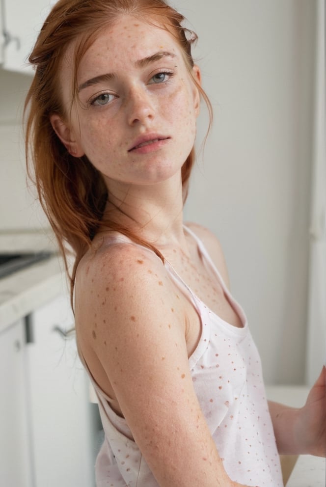 Foto de Freckled woman, wearing underwear, standing in a kitchen