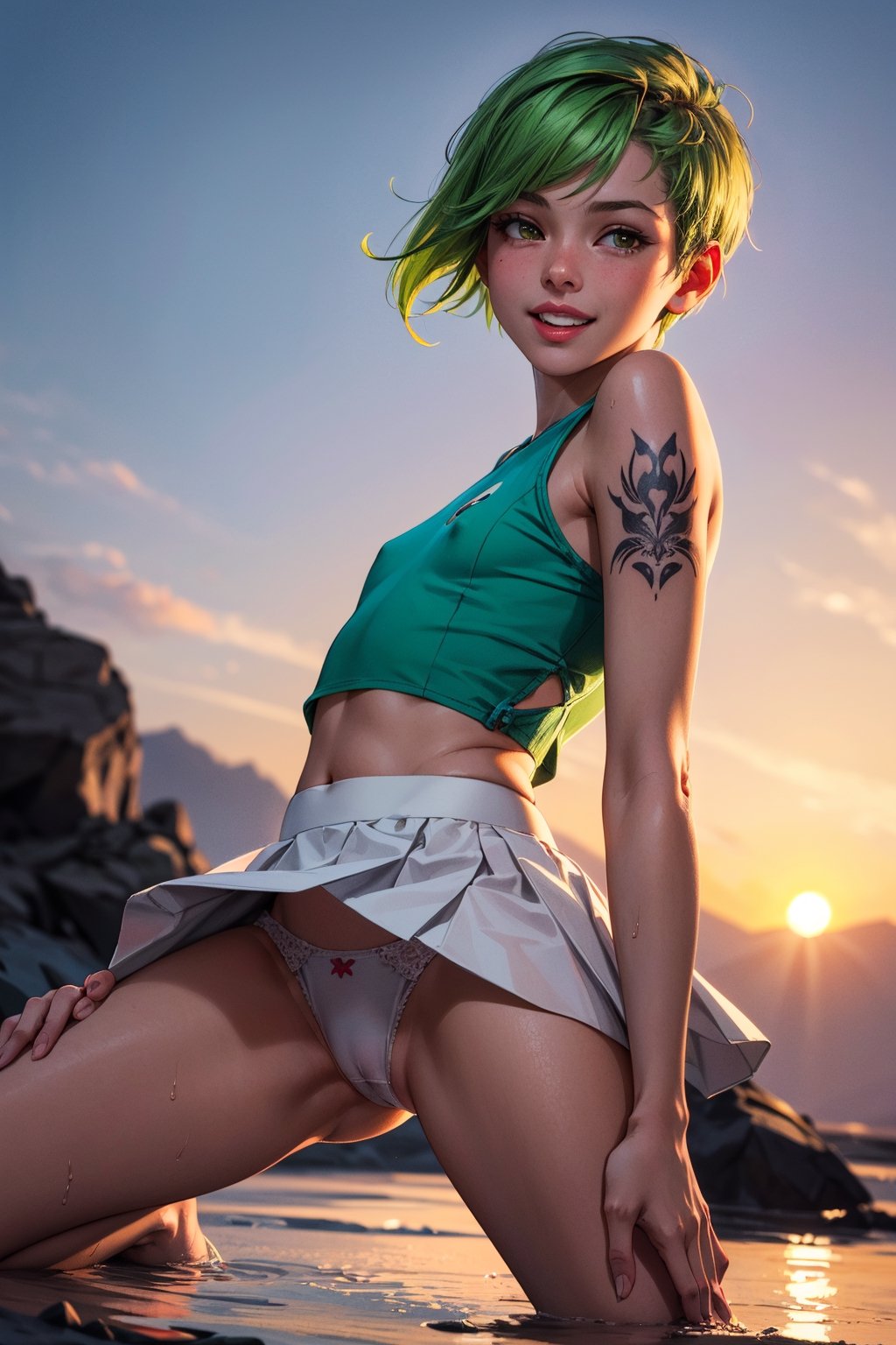 1girl,  cute beautiful (skinny) 25-year-old,  (short yellow-green hair pixie-cut),  arm tattoo, (embarassed laugh),  spreading legs in lewd pose,  wearing a vest and skirt, thin wet white panties,  (cameltoe),  (upskirt),  pokies, gorgeous valley at sunset,  (swollen red pussy lips), clitoris,  flat-chested,  (tiny round ass),  highly detailed,  detailed face,  beautiful hands,  realistic,  highest quality,  masterpiece photo,  nsfw