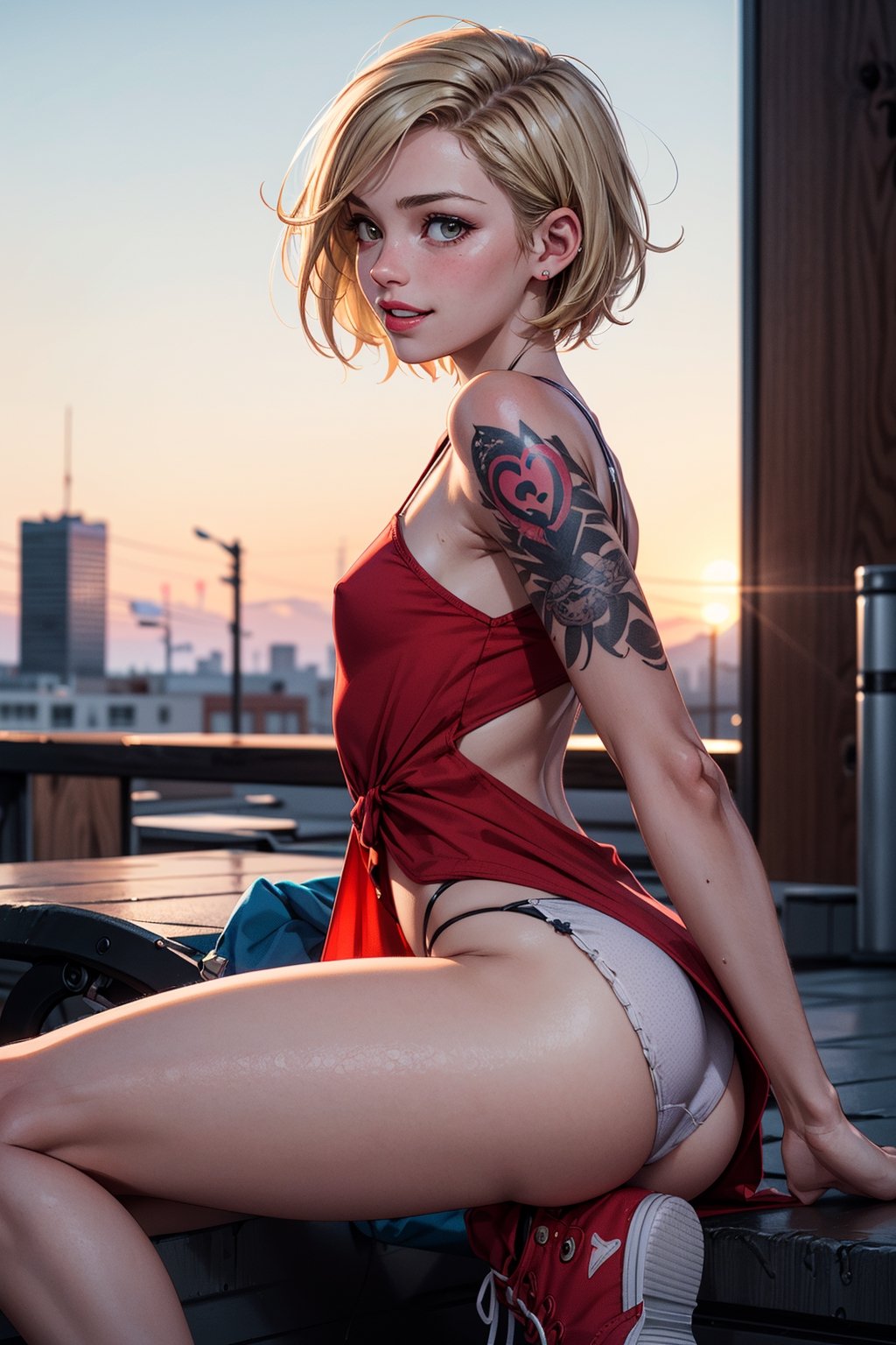 1girl,  cute beautiful (skinny) 25-year-old,  (short blond punk hair cut),  arm tattoo, (embarassed laugh),  spreading legs in lewd pose,  wearing colorful dress and chuck taylors, thin wet white panties,  (cameltoe),  (upskirt),  pokies, on rooftop at sunset,  (swollen red pussy lips), clitoris,  flat-chested,  (tiny round ass),  highly detailed,  detailed face,  beautiful hands,  realistic,  highest quality,  masterpiece photo,  nsfw