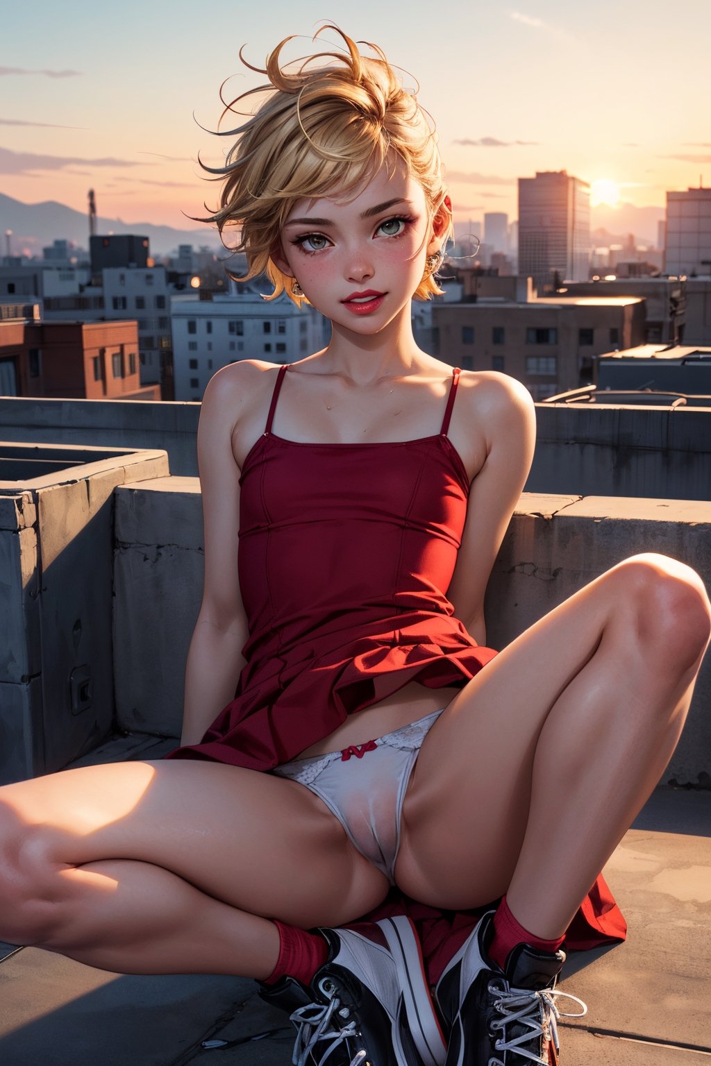 1girl,  cute beautiful (skinny) 25-year-old,  (short blond punk hair cut),  arm tattoo, (embarassed laugh),  spreading legs in lewd pose,  wearing colorful dress and chuck taylors, thin wet white panties,  (cameltoe),  (upskirt),  pokies, on rooftop at sunset,  (exposed swollen red pussy lips), side lips, clitoris,  flat-chested, exposed breast,  (tiny round ass),  highly detailed,  detailed face,  beautiful hands,  realistic,  highest quality,  masterpiece photo,  nsfw