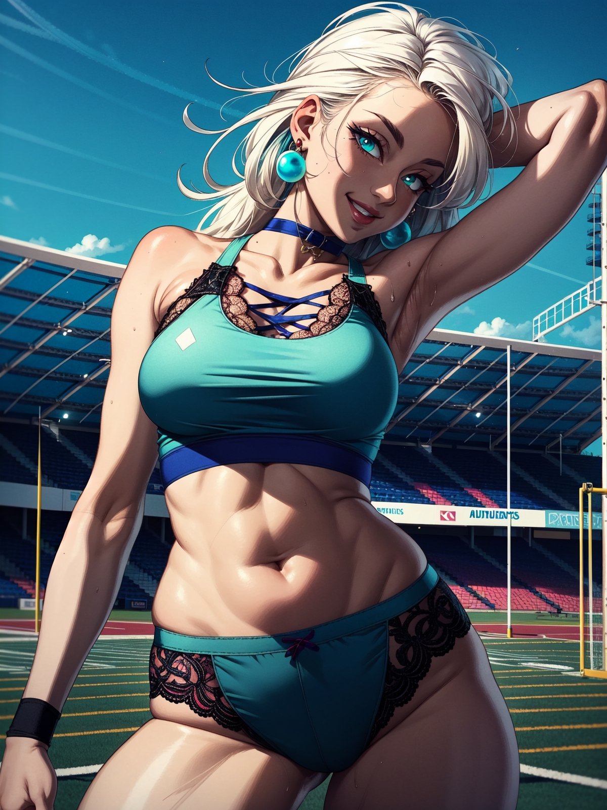 1girl muscular female muscular breasts solo abs earrings illustration images