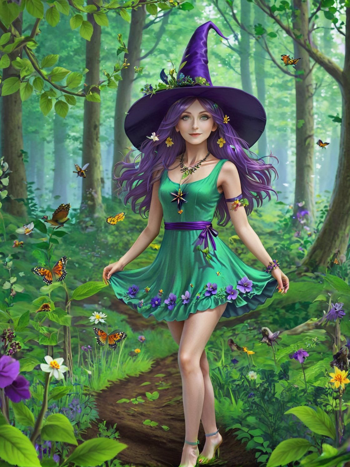 Flower Fairy Necklace in Purple and Green - Garden Witch Floral