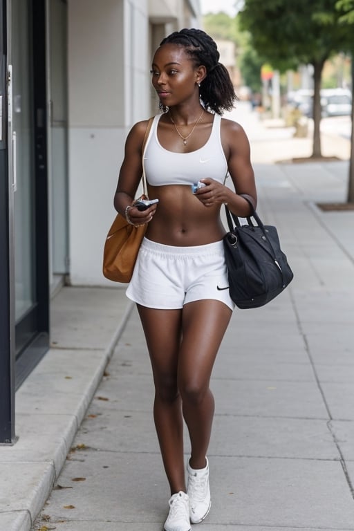 Woman in white sports bra and white shorts holding black and white