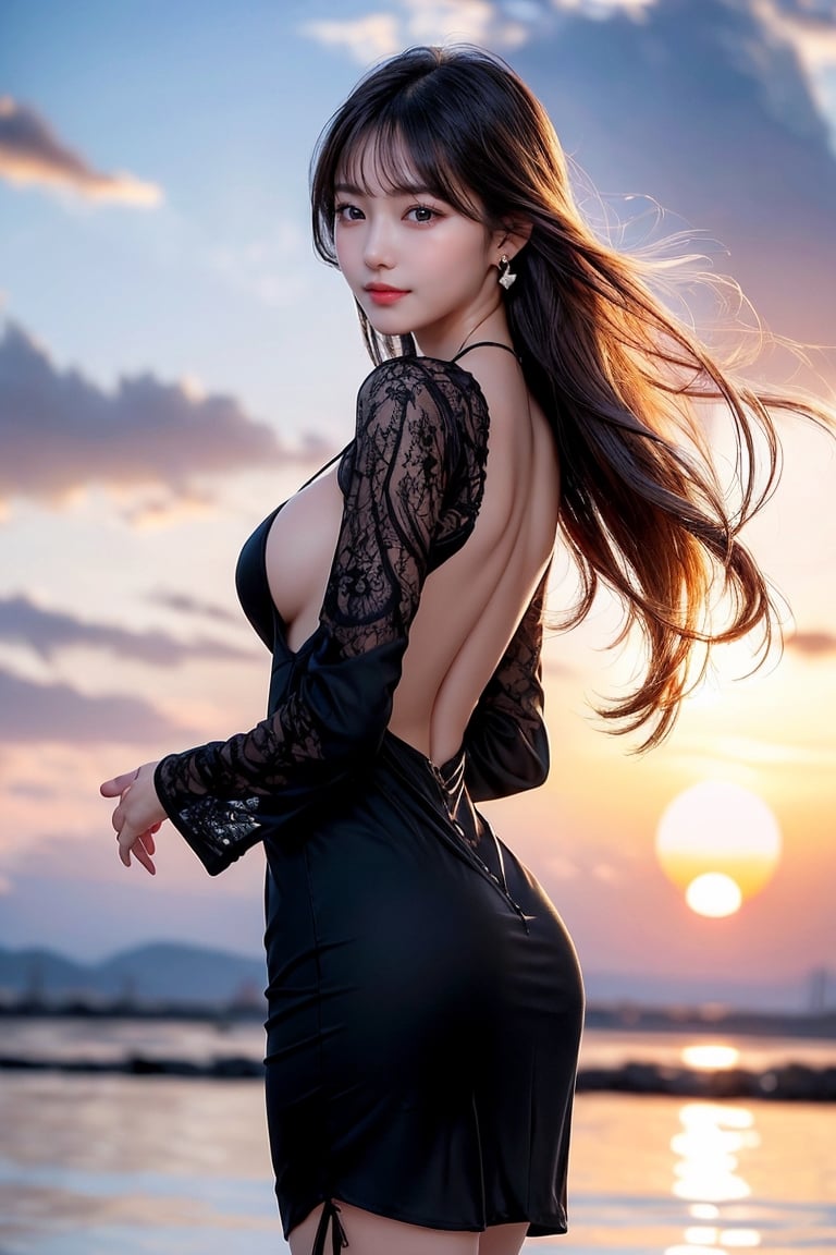 Asian, model, women, long hair, dark hair, cleavage, smiling, big boobs,  bent over, women outdoors, hair hanging down, black hair, red lipstick,  earring, bare midriff, minidress, outdoors