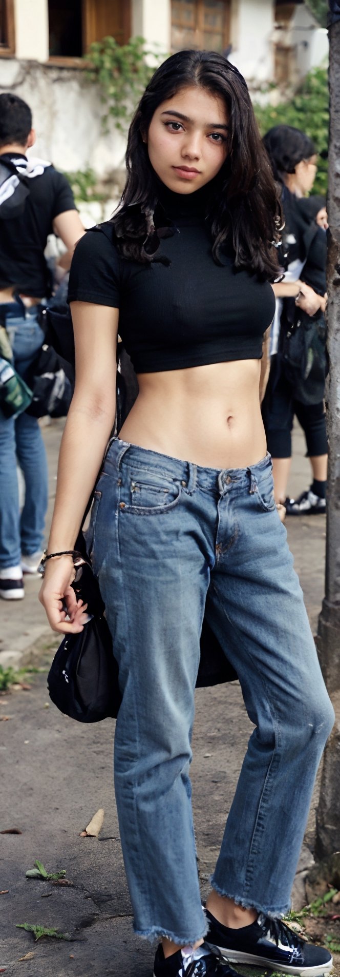 Side View of Cute Lovely Brunette Female Beauty in Street Style