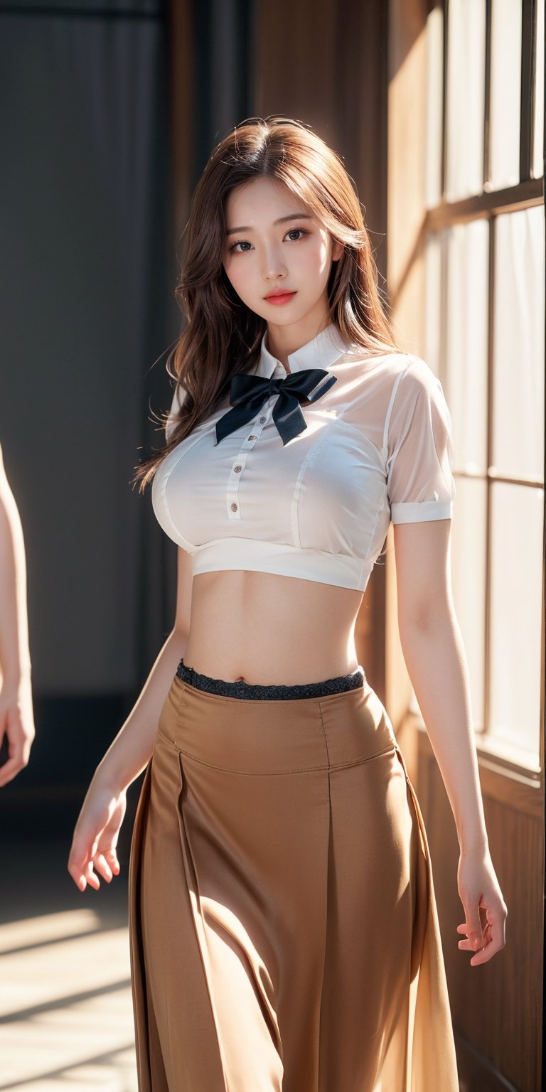 sunny-bee591: full frame female, model, with large bust, small waist, large  hips, and brown hair, red eyes, dark skin, and freckles in a dynamic pose