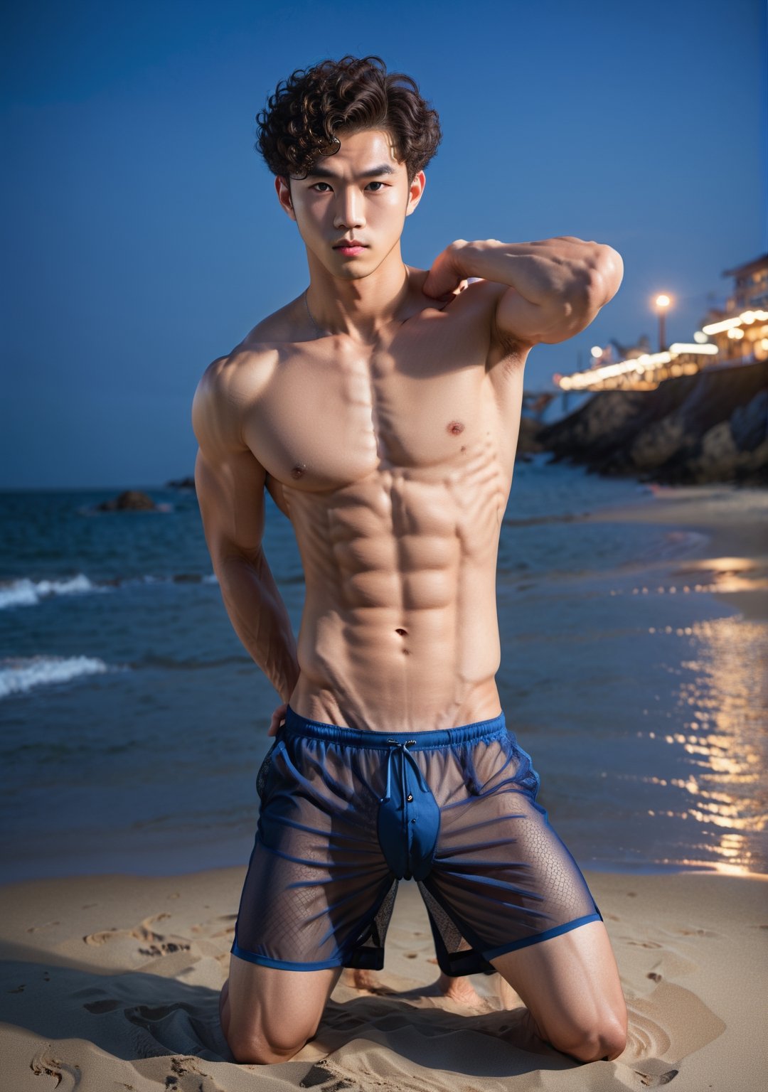 hot muscular man in wet underwear at the beach