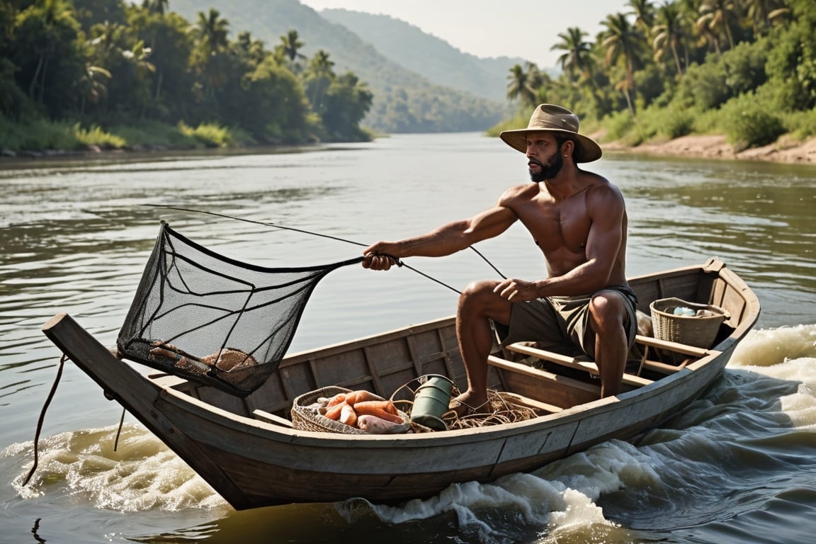 Castaway Fishing with Primitive Tool Stock Photo - Image of