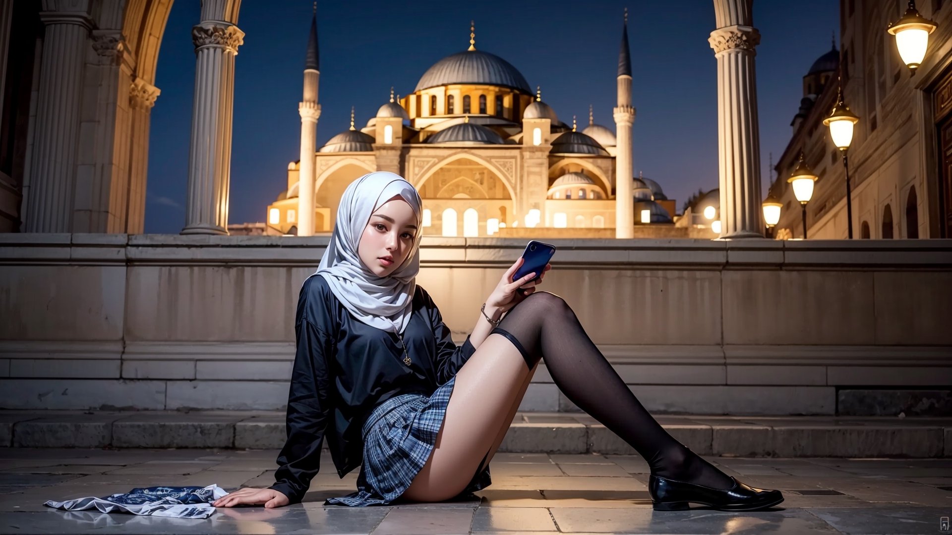 Girl stands sideways, smiling in the camera, long legs, wears hijab, wears  black high heels, tight leggings, wearing white lace bra on top b - AI  Generated Artwork - NightCafe Creator