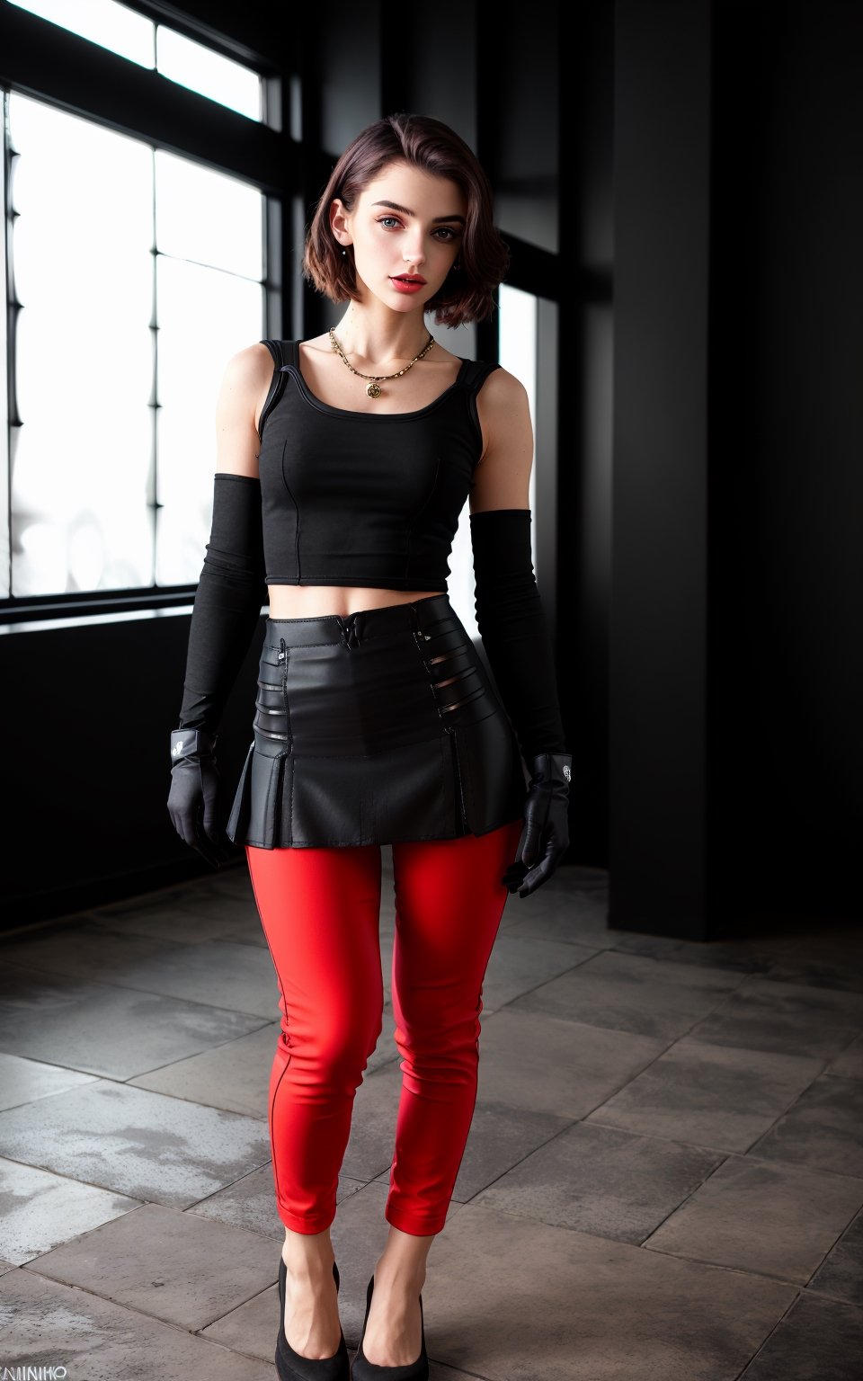 red leather boot black leather leggings Full body picture Face