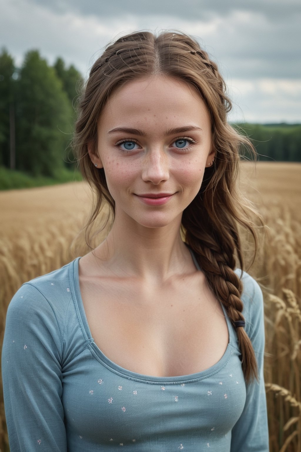 beautiful girl, long brown hair, blue eyes, above average breast