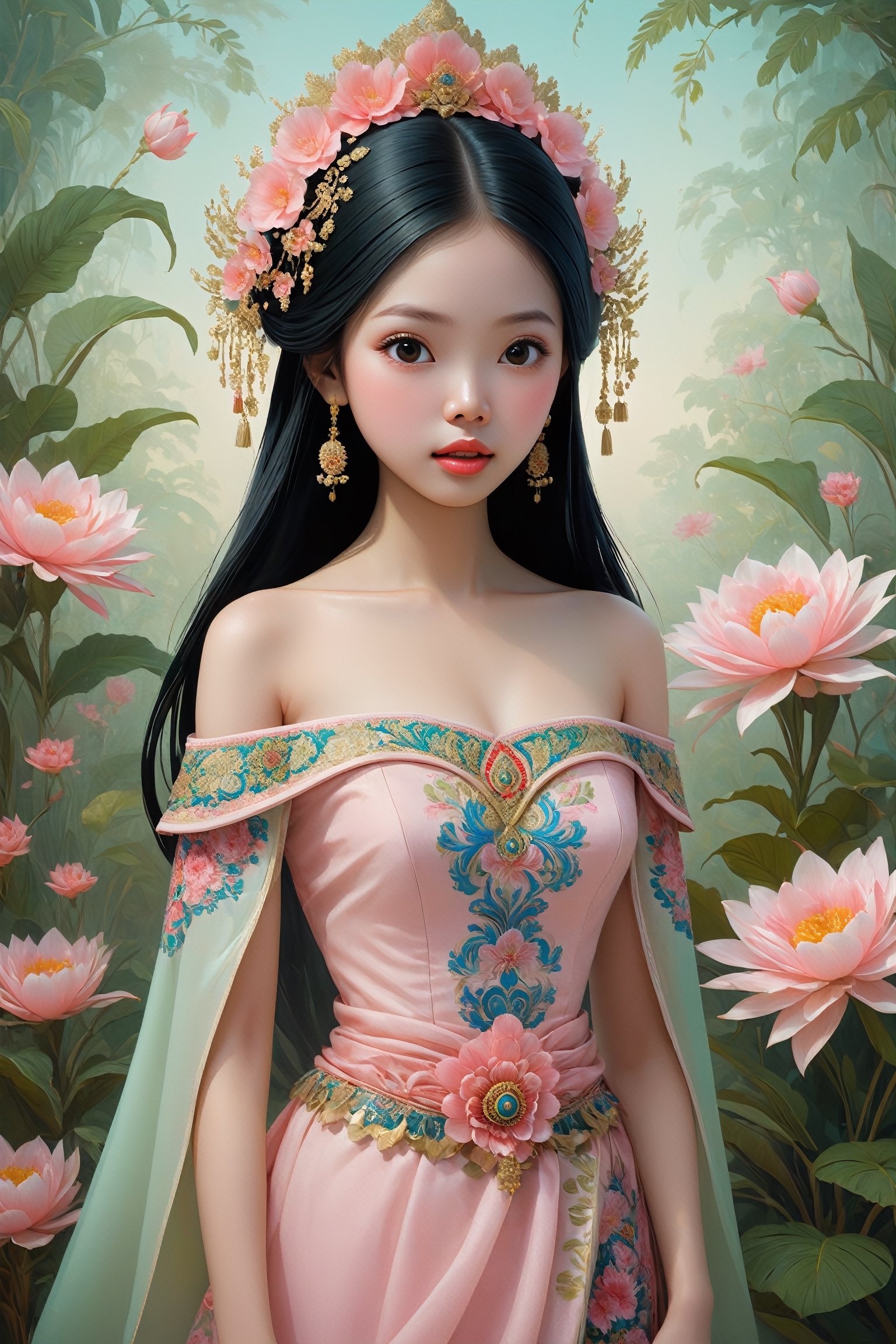 Beautiful Woman with a Lotus Flower Bare Shoulders and Beauty