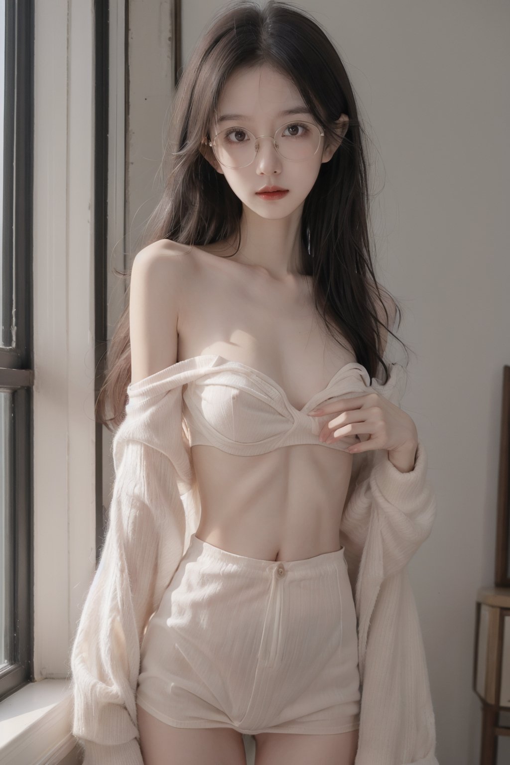 Big Female Breasts in a White Bra. Beautiful Body. Underwear or