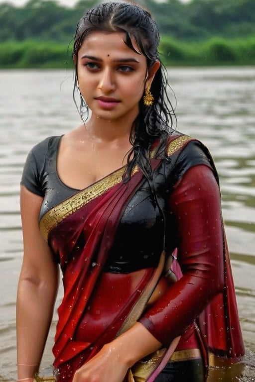 A full body portrait of a young slender woman wearing a red saree