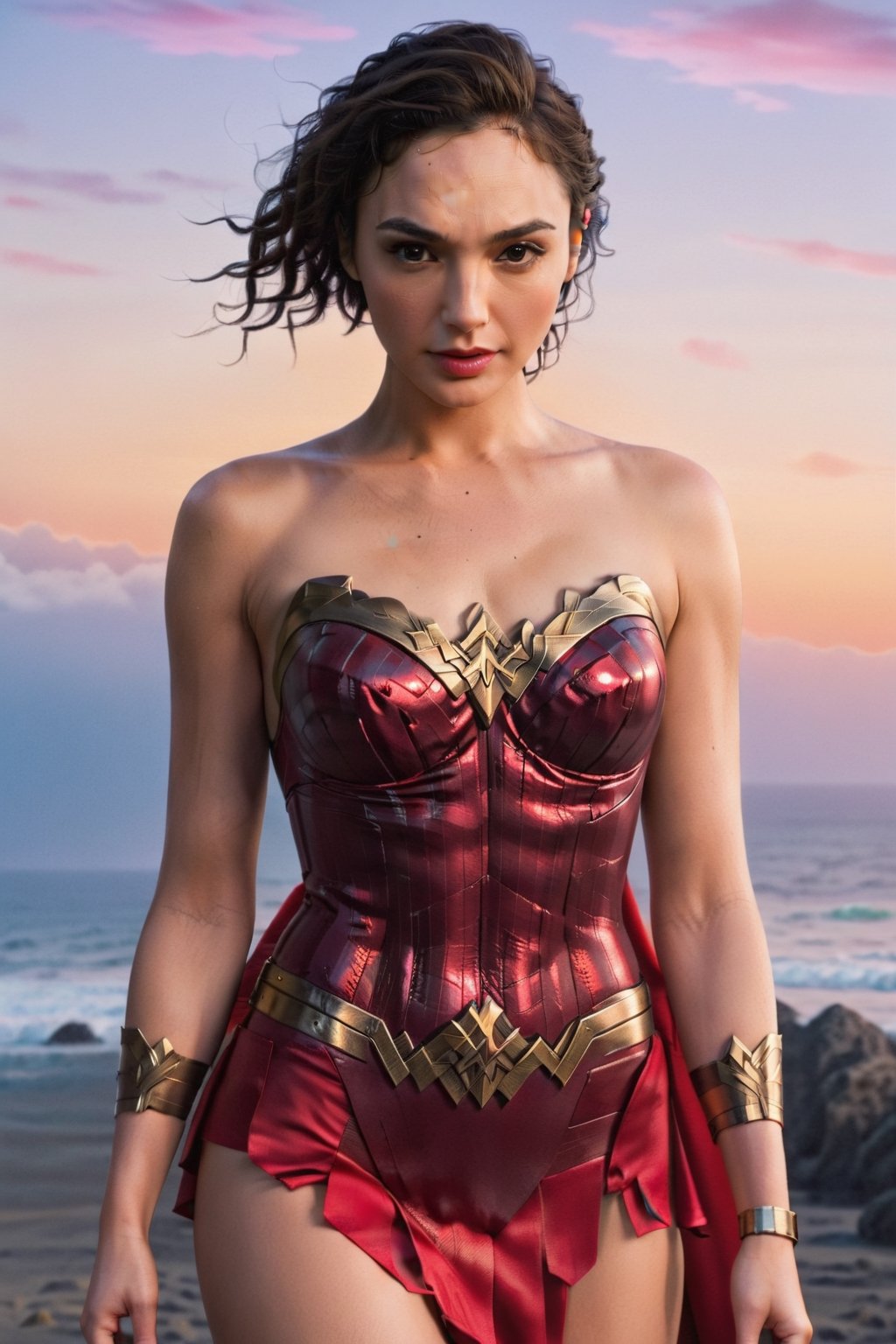 Gal Gadot wears a dress, Wonder Woman, Big Breast, Sultra Detailed Face, Symmetrical Eyes, Model Figure, Whole body, Perfect boobs, Cleavage , High quality, Very Detailed, Front view, 8K, euphoric style, Aesthetic Portrait, A Masterpiece, Photo, Extremely Realistic,p3rfect boobs,cleavage