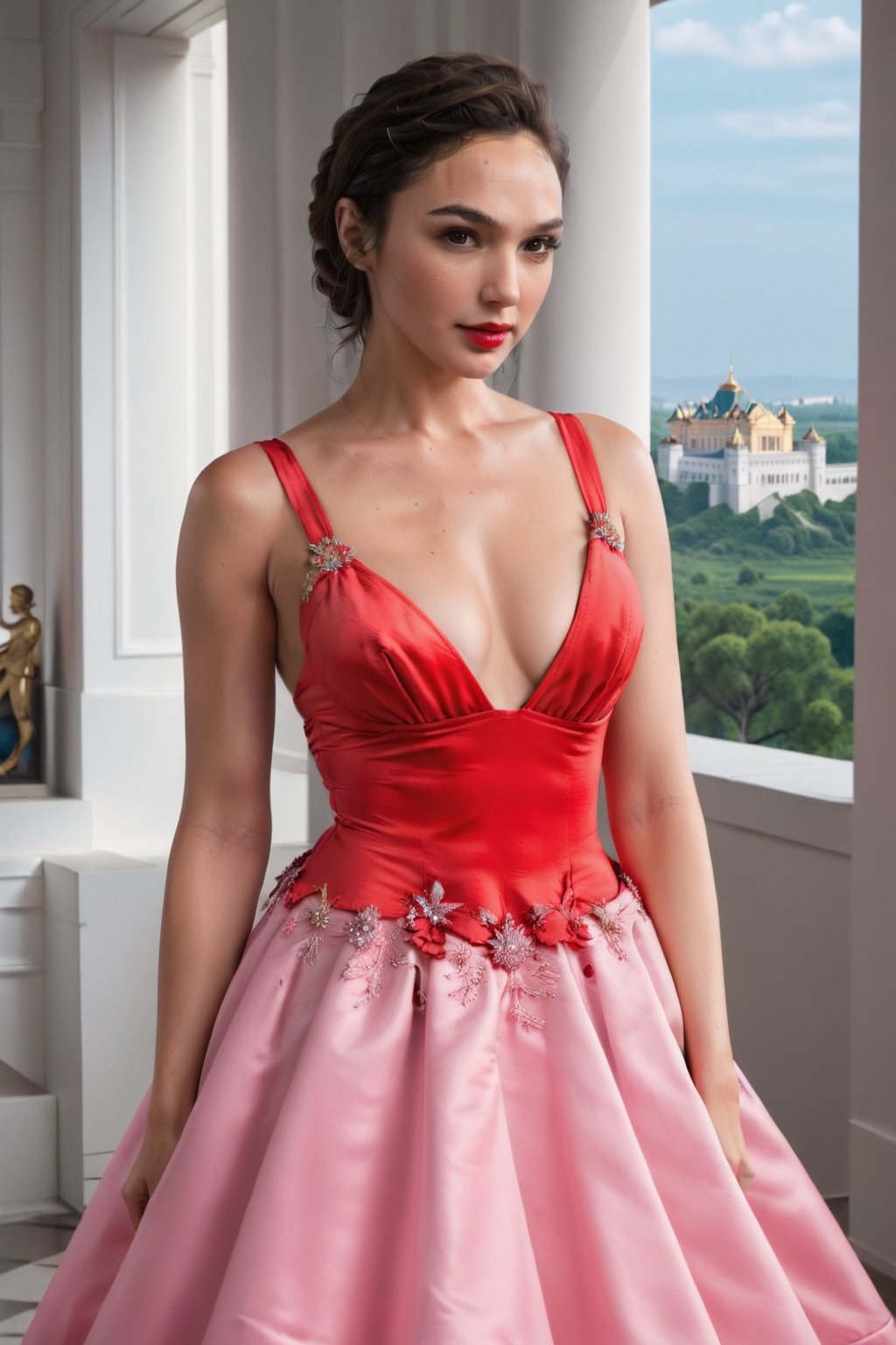 Gal Gadot wears pink princess outfit, Crinoline dress, Royal palace, Sexy Pose, Bright Red Lips, Lustrous Eyes, Big Breast, Cleavage, Perfect Boobs, Perfect Butt, Ultra Detailed Face, Model Figure, Full Body Portrait, High Quality, Very Detailed, 8K Ultra HD, Euphoric Style, Aesthetic Portrait, Photo, Masterpiece, Extremely Realistic