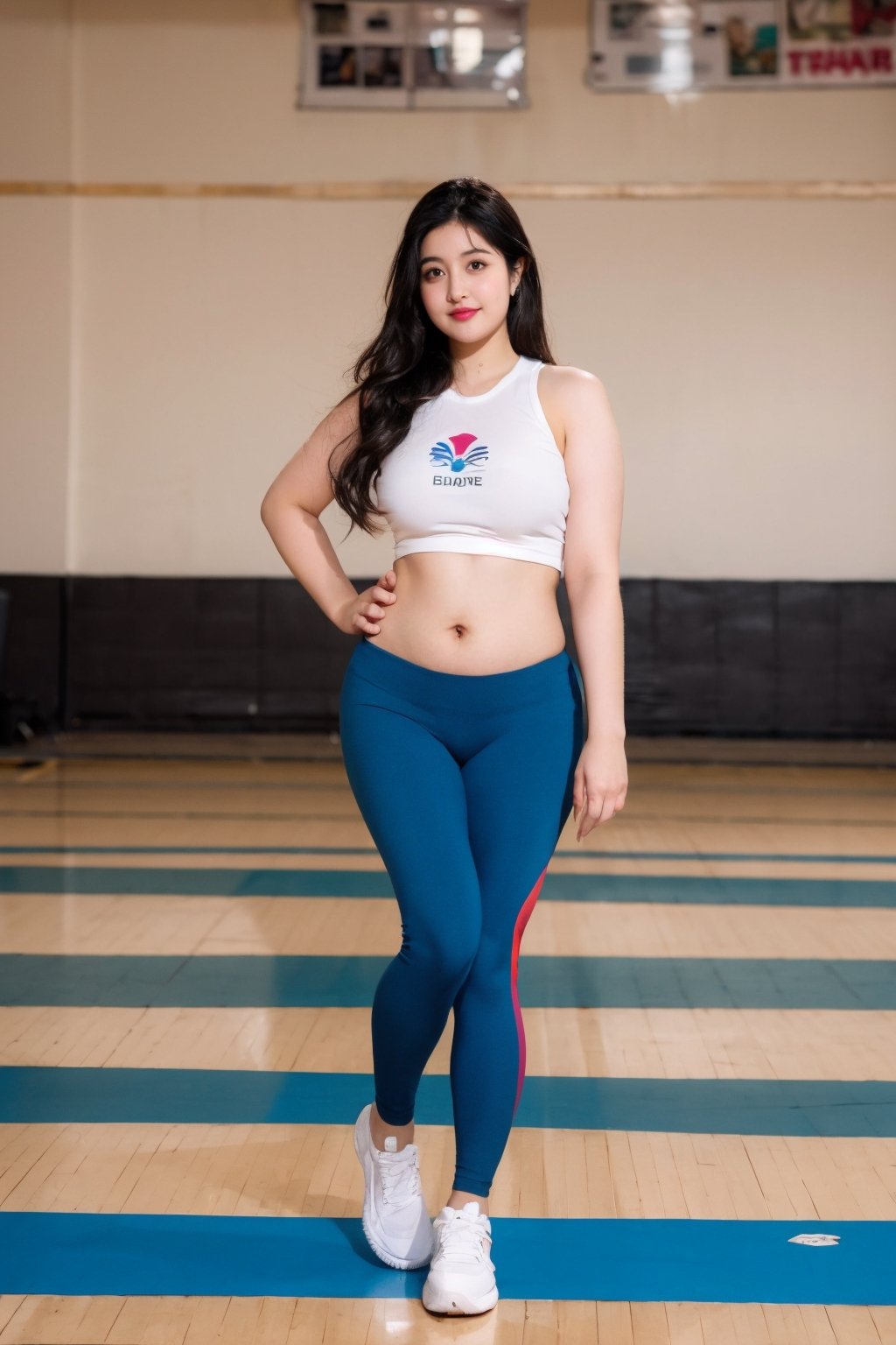 Beautiful woman with long black hair wearing yoga pants and sports