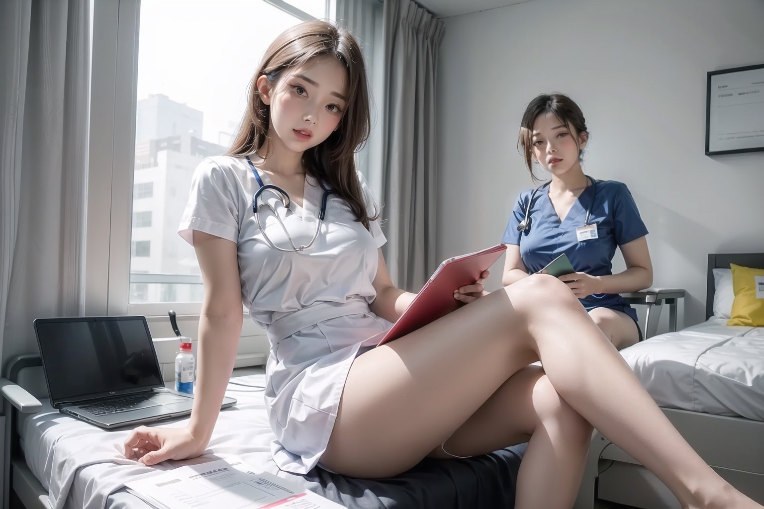 women, nurses, long hair, brunette, looking at viewer, Asian, big boobs,  moles, mole on breast, AI art, portrait display, nurse outfit, lingerie,  white lingerie